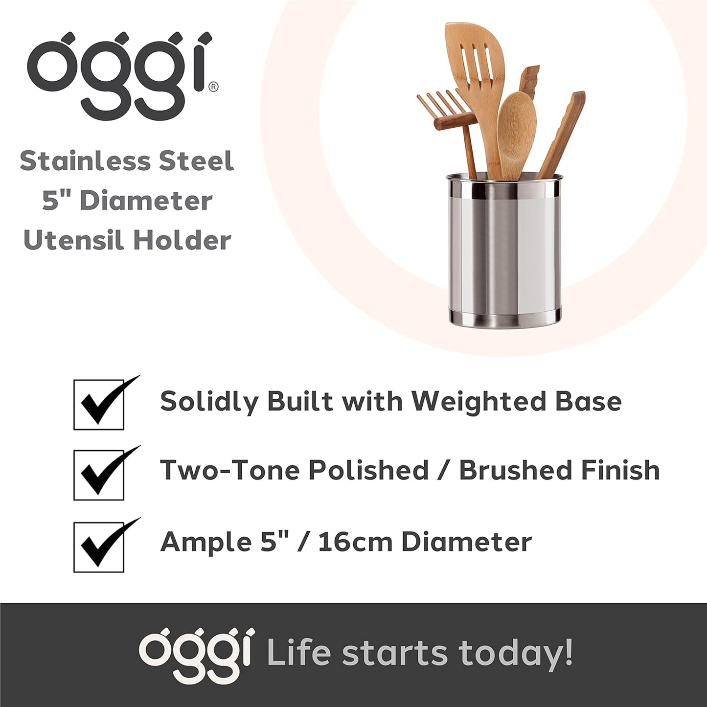 Stainless Steel Jumbo Utensil Holder - 7" Utensil Caddy, Weighted Base for Stability - Extra Large Utensil Crock and Countertop Utensil Organizer, Stainless Steel