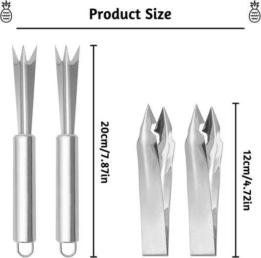 4PCS Pineapple Eye Peeler Remover Tool, Stainless Steel Pineapple Eye Clip and V Shape Pineapple Eye Cutter, for Home Kitchen Fruit Store Supermarket, Silver, 4.72 inch, 7.87 inch