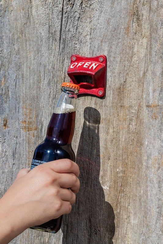 Square Open Wall Bottle Opener | Wall-Mounted Bottle Opener, Cast Iron, Mounting Screws Included, Antique Red, 2.5"SQ