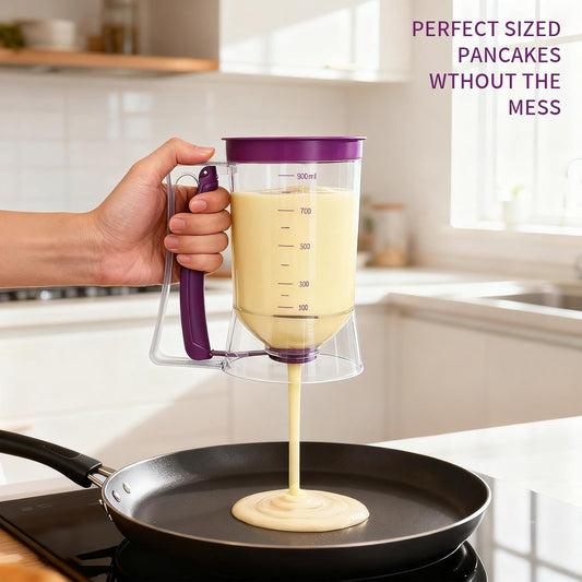 Pancake Batter Dispenser with Squeeze Handle and Measuring Marks | Funnel Cake Dispenser for Pancakes, Cupcake, Waffle, Muffin Mix, Crepe, Kitchen Must Have Gadgets, Durable Baking Supplies