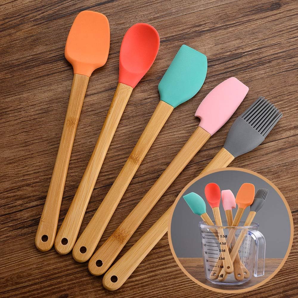 5 Piece Silicone Spatula,Mini Rubber Spatula Wooden Handle,Heat Resistant Silicone Spatula Set,Kitchen Utensils Non-Stick For Baking,Cooking And Mixing
