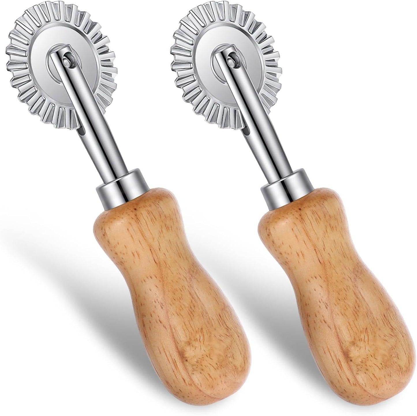 2Pcs Fluted Pastry Wheel, 4.9 Inch Stainless Steel Pastry Wheel with Ergonomic Oak Handle for Pasta, Dumplings & Noodles, 360 Degree Rotary Cutting Tool for Kitchen