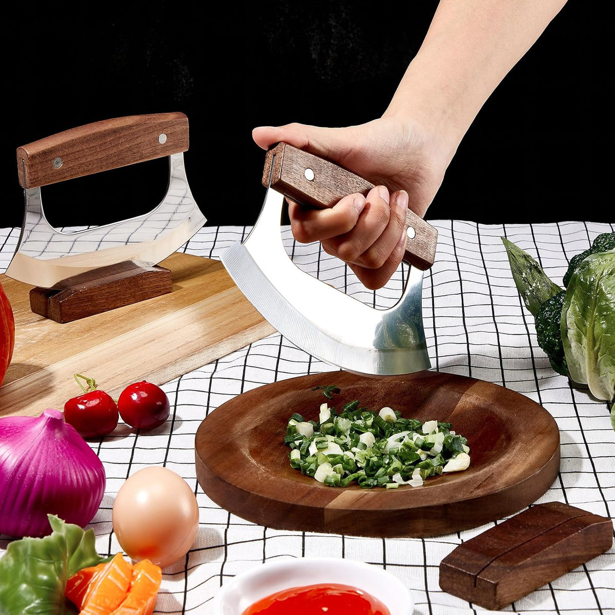 2 Pcs Mezzaluna Ulu Knife and Cutting Board Chopping Bowl Set, Walnut Wood