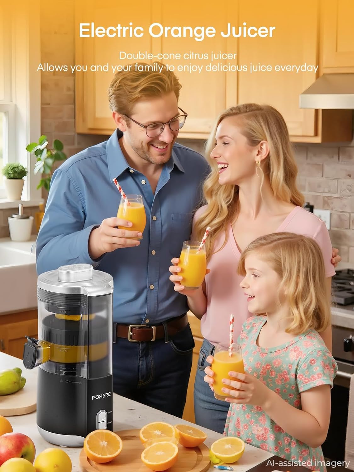 FOHERE Electric Citrus Juicer with 2 Cones, Automatic Orange Juicer Machine