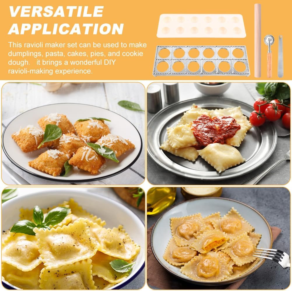 Ravioli Press Mold Set, 12 Holes Ravioli Maker Press,1 x Pasta Cutter Stamp Maker, 1xWood Rolling Pin Pasta Making Tools,1x Filling Spoon,for Ravioli, Dumpling,Hand Pie