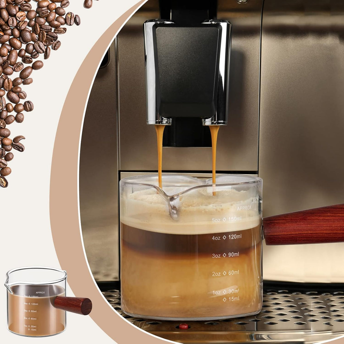 2 Pack Espresso Shot Glasses 5oz, Wood Handle Double Spouts
