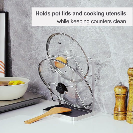 304 Stainless Steel Pot Lid Holder While Cooking, Kitchen Pot Lid Storage Rack for stove top, Multifunctional Kitchen Pot Lid Organizer for Countertop(Silver)