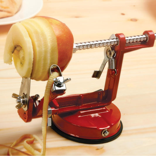 Apple Master-Apple, Potato, Parer, Slicer & Corer with Vacuum Base & Clamp,Red