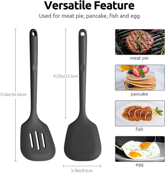 Silicone Turner Spatula Set of 2, 13.6" Long/3.7" Wide, Black | 600ºF Heat Resistant Food Grade Silicone Cooking Utensils Set, Wide Large Solid & Slotted Turner Pancake Egg Flipper