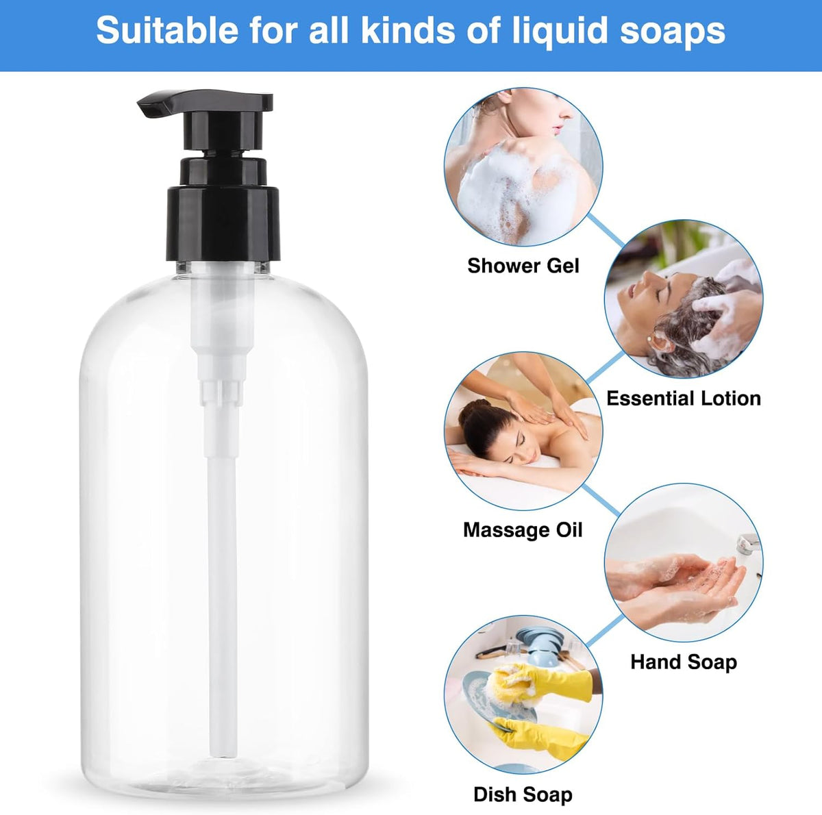 Empty Pump Bottles Dispenser 2 Pack 300ml/10.15oz. Clear Plastic Pump Bottle Dispenser for Essential Oil Soap Lotion Shampoo