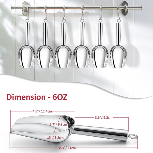 6Oz Ice Scoop, 2Pc Stainless Steel Ice Scoopers for Freezer, Silver | Commercial & Lightweight, for Bar, Kitchen Canisters, Wedding