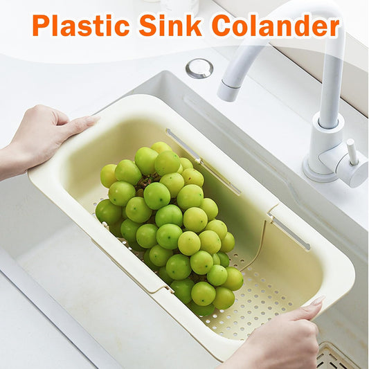 Collapsible Over the Sink Colander Strainer Basket, Plastic Fruit Vegetable Strainer Drainer Basket for Kitchen (1, Cream White)