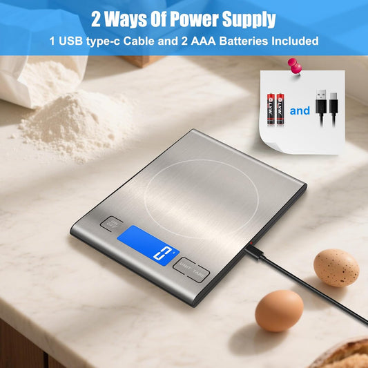 33lb Rechargeable Food Scale, 304 Stainless Steel Kitchen Scale | 7.5 * 5.5 in Weight Grams and Ounces for Baking, Cooking, 5 Units with Tare Function, LCD Display, 2 AAA Batteries