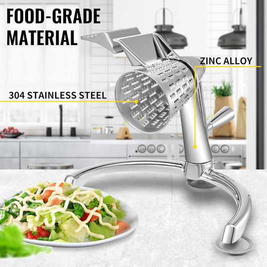 Rotary Cheese Grater, Zinc Alloy Vegetable Mandoline with 5 Stainless Steel Cutting Cones, Manual Cheese Grater with 2.5L Bowl, Rotary Shredder with Suction Base for Efficient Kitchen Prep