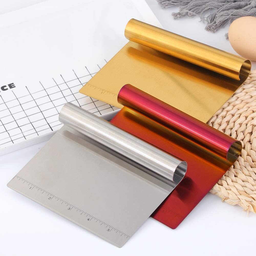 Pastry Cutter Bench Scraper & Chopper Stainless Steel Mirror Polished with Measuring Scale Multipurpose Cake Pizza Cutter Pastry Bread Separator Scale Knife Rose Gold
