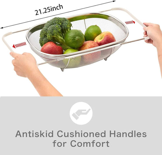 Over The Sink Colander, 6 Quarts Stainless Steel Oval Colander with Expandable Rubber Grip Handle, Fine Mesh Strainer Baskets Kitchen Colanders for Strain, Drain, Rinse Vegetable, Fruits, Beige