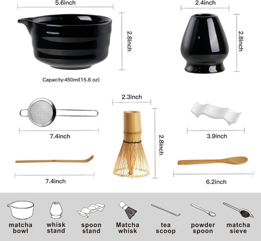 Matcha Whisk Set, 7 Pcs Matcha Kit for Matcha Tea Ceremony | Black Matcha Set with Ceramic Matcha Bowl and Whisk (Chasen), Holder, Sifter, Bamboo Scoop, Spoon & Spoon Rest