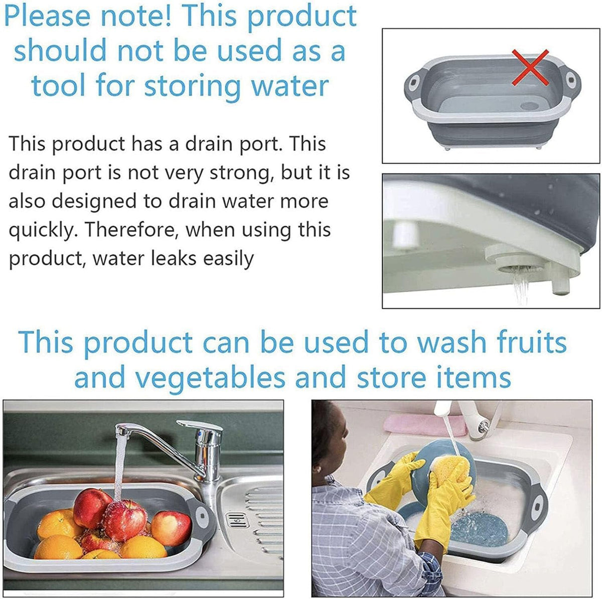 Collapsible Washing Bowl, Multi Function Bowl Drying Rack, Portable Cutting Board, Retractable Drain Washing Basket Basin Vegetable Fruit Tray for for Camping, Picnic, Kitchen
