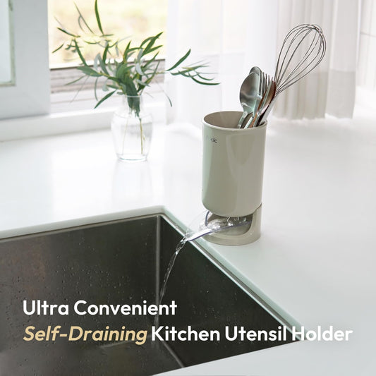 Utensil Drying Holder for Kitchen Counter, Self Draining, Small Utensil Cutlery Flatware Silverware Holder Drainer Cup, Beige, 1 ea