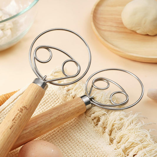 2 Pack Danish Dough Whisk 13inch Stainless Steel Wooden Handle Bread Hand Mixer for Sourdough Pizza Bread Baking Kitchen Whisking Mixing Tools