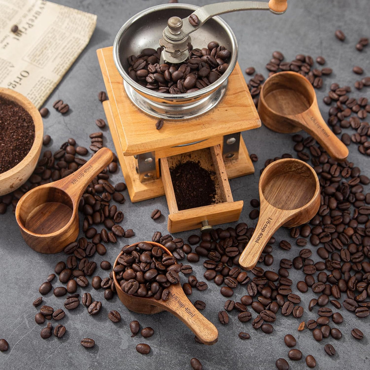 Wood Coffee Scoop-4 Pieces Wooden Scoops for Jars Small Measuring Spoons for Ground Coffee,Tea,Sugar,Seasoning-Multipurpose Wooden Scoop for Jars,Canisters,Bath Salts,Laundry Detergent(Acacia Wood)