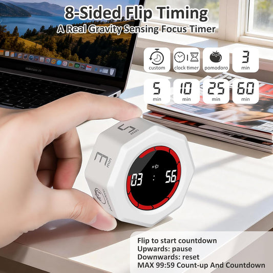 Rechargeable Pomodoro Timer, Magnetic Kitchen Timer for Cooking | 8-Angle Auto-Rotating Screen, 3/5/10/25/30/60min & Custom Countdown, Visual Timer for ADHD, Study, Office