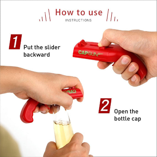 bottle cap shooting gun - Fun bottle opener tool launches bottle caps for parties, barbecues, and bar games (color)