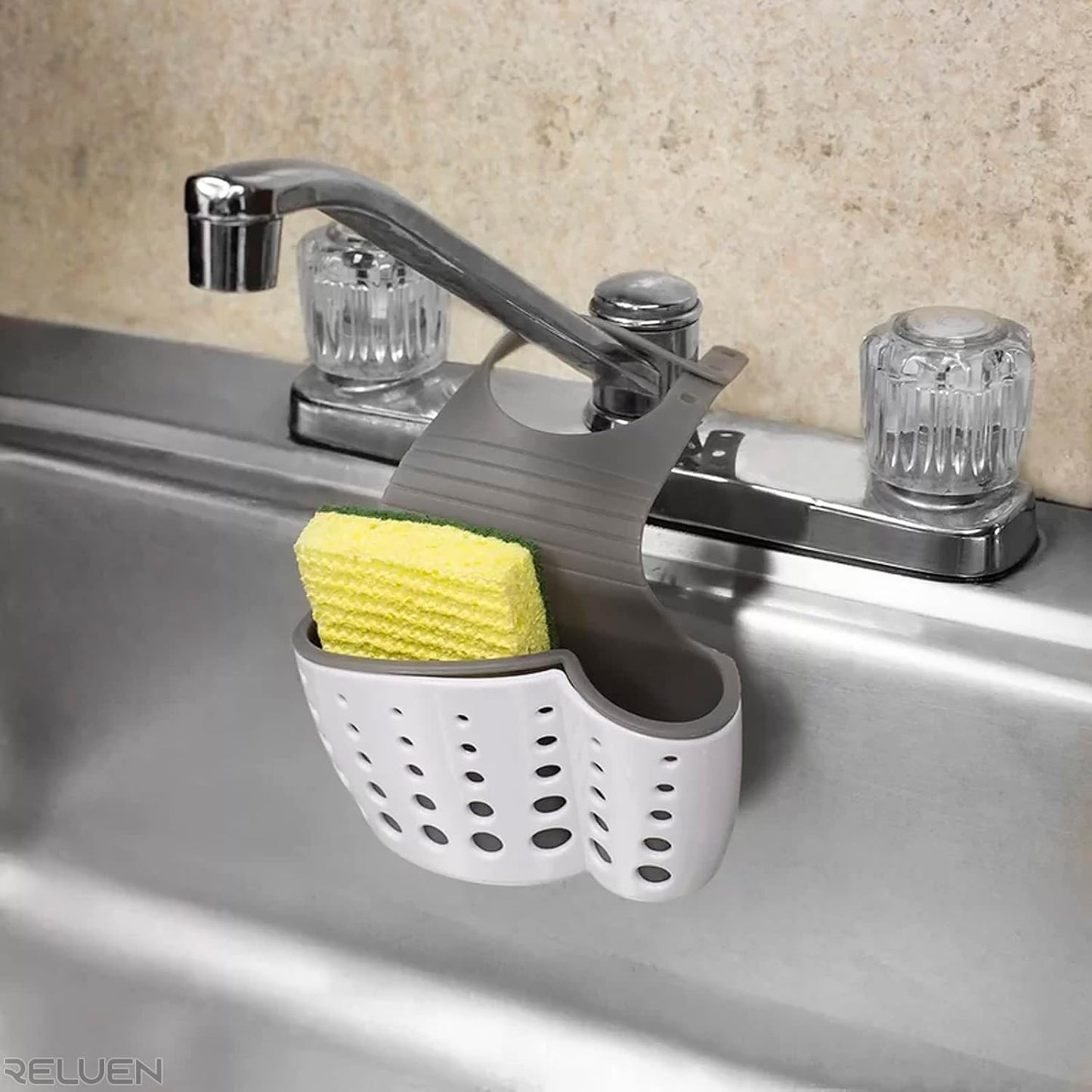 Hanging Sponge Holder for Kitchen Sink, Over Faucet Silicone Caddy | Adjustable Strap Wraps Most Taps While Drain Holes Let Sponges Dry Fast - White Silicone Wipes Clean, No Suction Cups Needed