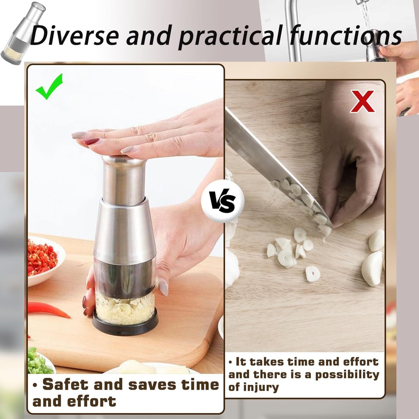Manual Pressed Chopper, 2025 Upgraded Compact Mini Dicer Food Chopper,Functional Manual, Stainless Steel Hand Food Garlic Press for Mincing Garlic Press With black protective case