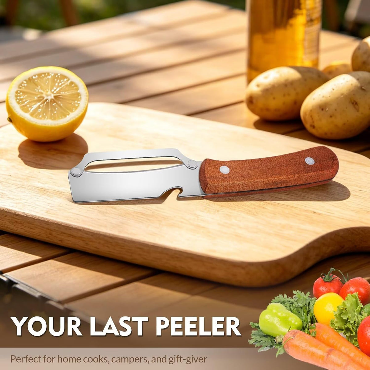 Multifunctional Vegetable Potato Peeler for Kitchen,Wooden-Handled Stainless Steel Sharp Peeler Knife with Built-In Bottle Opener for Veggie, Fruit, Potato, Carrot, Apple Ergo 2PCS