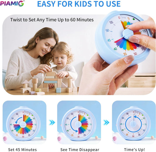 Visual Timer, 60-Minute Countdown Timer for Kids and Adults with Adjustable Volume, Rainbow Design Time Management Tools with Silent Operation, Suitable for Classroom, Office and Home (Blue)