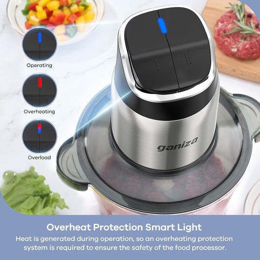 Food Processor with Dual Bowls, 2-Speed Food Chopper & Meat Grinder | 8Cup Stainless & 8Cup Glass Bowls, Upgraded Button & Smart Overheat Protection Light - Includes Clean Brush, 2 Sets of Blades