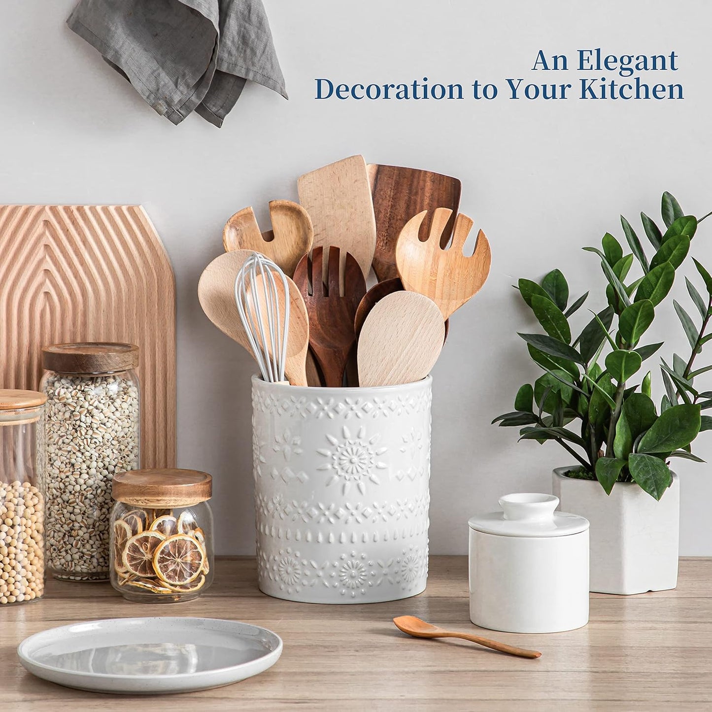 Ceramic Utensil Holder Set of 2, 7.2'' & 5.4'' Kitchen Crocks | Ceramic Utensil Crock, Countertop Storage, Set of 2, Farmhouse Style, Kitchen Decor, Vase-like Design, Housewarming Gift Use