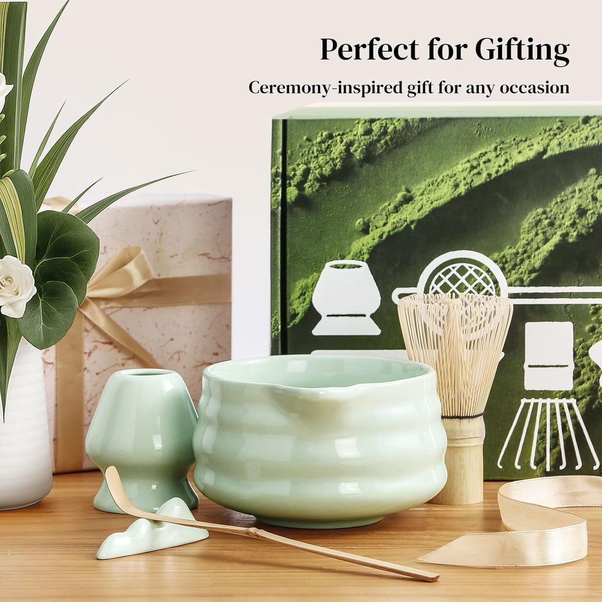 Matcha Whisk Set, 7 Pcs Matcha Set Includes Bowl with Spout, Whisk and Holder, Bamboo Scoop and Holder, Sifter and Tea Towel - Matcha Kit Gift for Lovers Beginners (Pink)