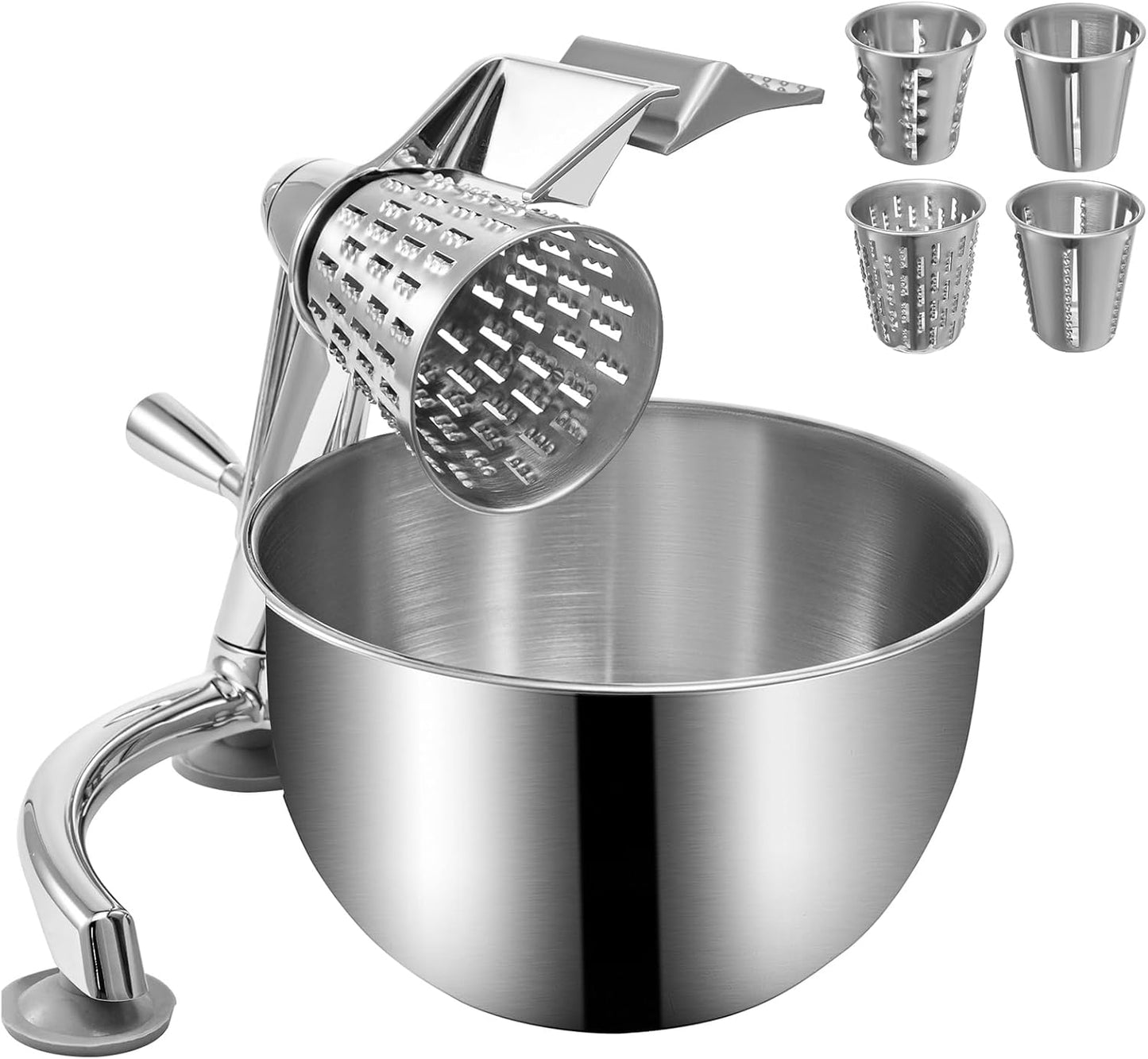 Rotary Cheese Grater, Zinc Alloy Vegetable Mandoline with 5 Stainless Steel Cutting Cones, Manual Cheese Grater with 2.5L Bowl, Rotary Shredder with Suction Base for Efficient Kitchen Prep
