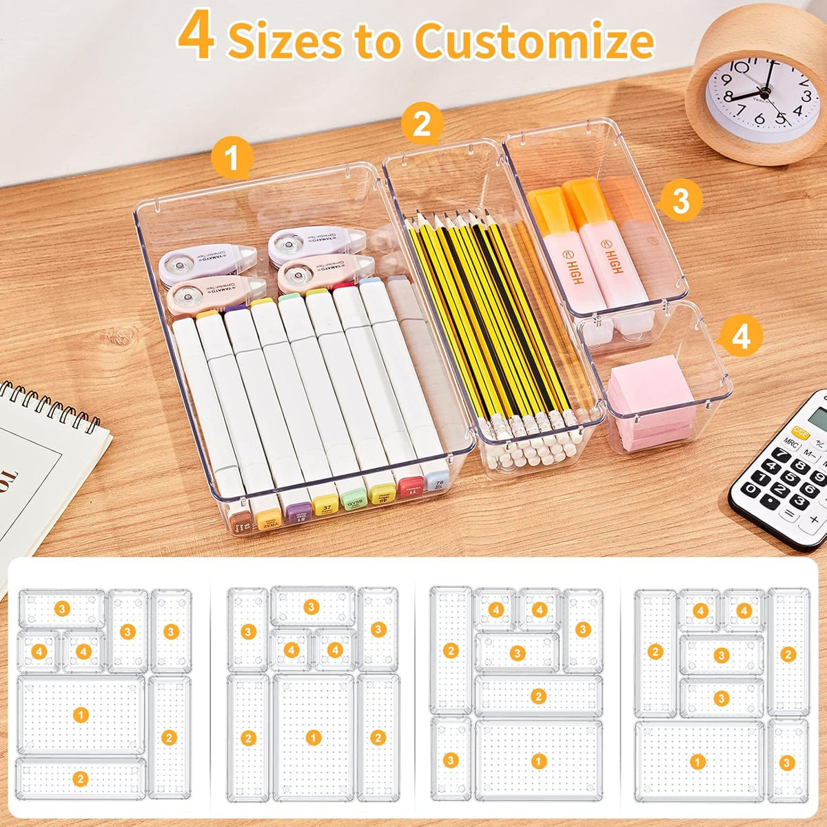 13-Piece Drawer Organizers with Non-Slip Silicone Pads, 5-Size | Clear Desk Bathroom Drawer Organizer Trays Storage Tray for Makeup, Jewelry, Utensils in Bedroom Dresser, Office and Kitchen