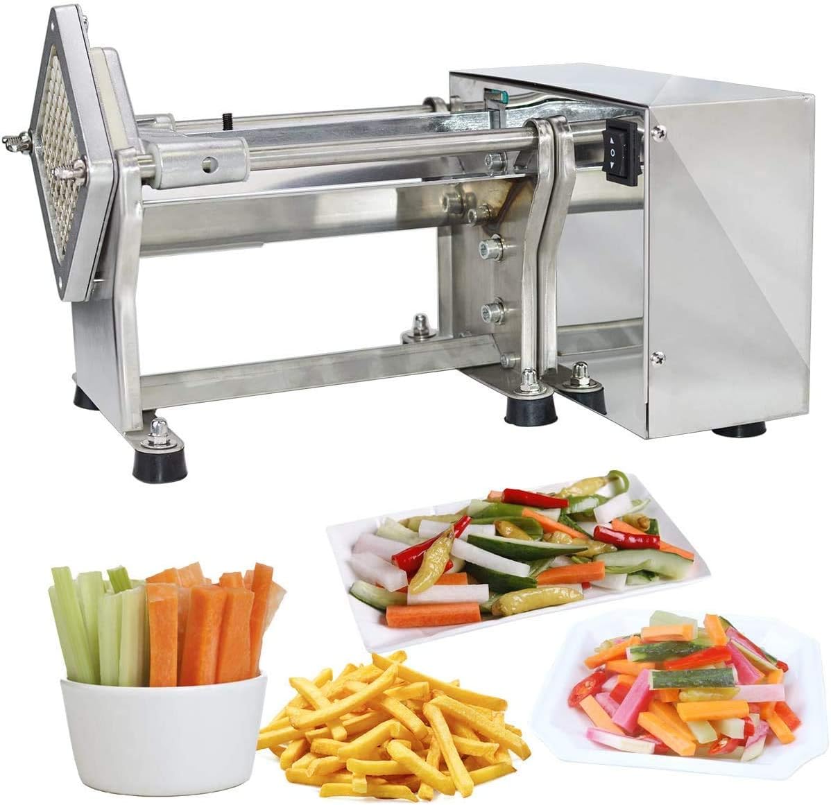 French Fry Potato Cutter Machine Electric Cutting Slicer Chipper Automatic Potato Cutter with 3 Sizes of Replaceable Blades Stainless Steel for Commercial Industrial Kitchen Restaurant Use