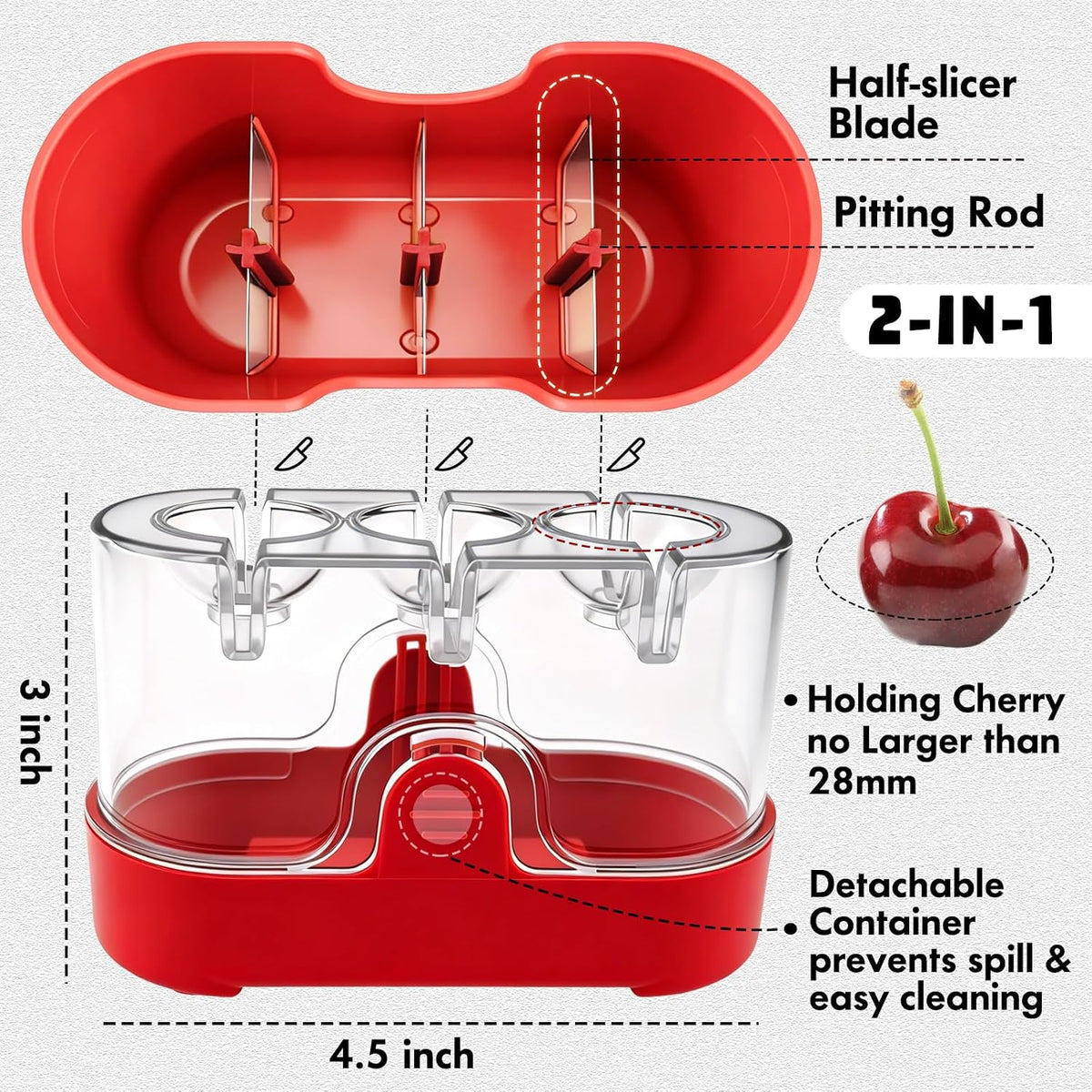2-in-1 Cherry Pitter & Half Slicer, 3-Hole Cherry Remover with Container