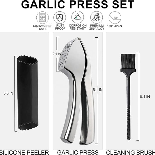 Garlic Press, Garlic Peeler and Cleaning Brush as 1 Set, Heavy Duty and Rust Proof Garlic Press Made of 304 Stainless Steel for Home and Kitchen Tools, Easy to Use & Dishwasher Safe