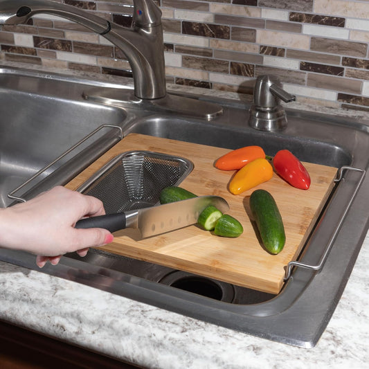 2 in 1 Cutting Board with Strainer, Natural, 13.2” x 11.5”