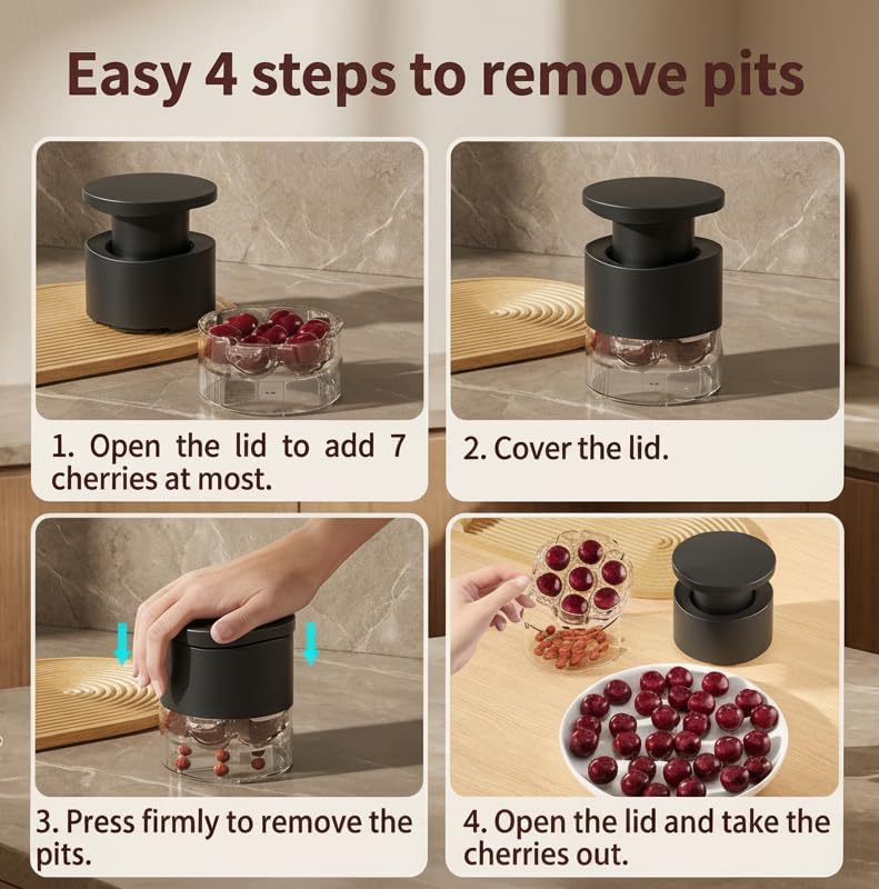 Cherry Pitter Tool, Multi Cherry Seed Remover Pits 7 Cherries at Once, Food-Grade Cherry Core Remover with Splash Guard Container, for Making Jam, Pie, Cake (White)