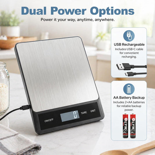 33LB/15KG Digital Kitchen Scale, USB Rechargeable Stainless Steel | 1g precision food scale with tare, 6 units and easy-clean platform for cooking, baking, meal prep and portion control