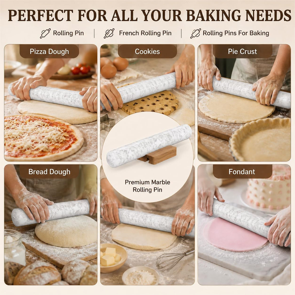 12 Inch Marble Rolling Pins for Baking with Wooden Stand | French Rolling Pin for Dough, Heavy Stone French Polished Non-Stick Roller Pins For Baking Cookie Pizza Pastry (Black)