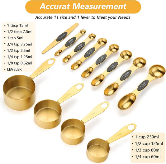 Gold Magnetic Measuring Spoons and Cups Set of 12, 8 Dual Sided Magnetic Measuring Spoons set with Leveler, 4 Measuring Cups, Premium Stainless Steel, Measuring for Liquid and Dry Ingredients