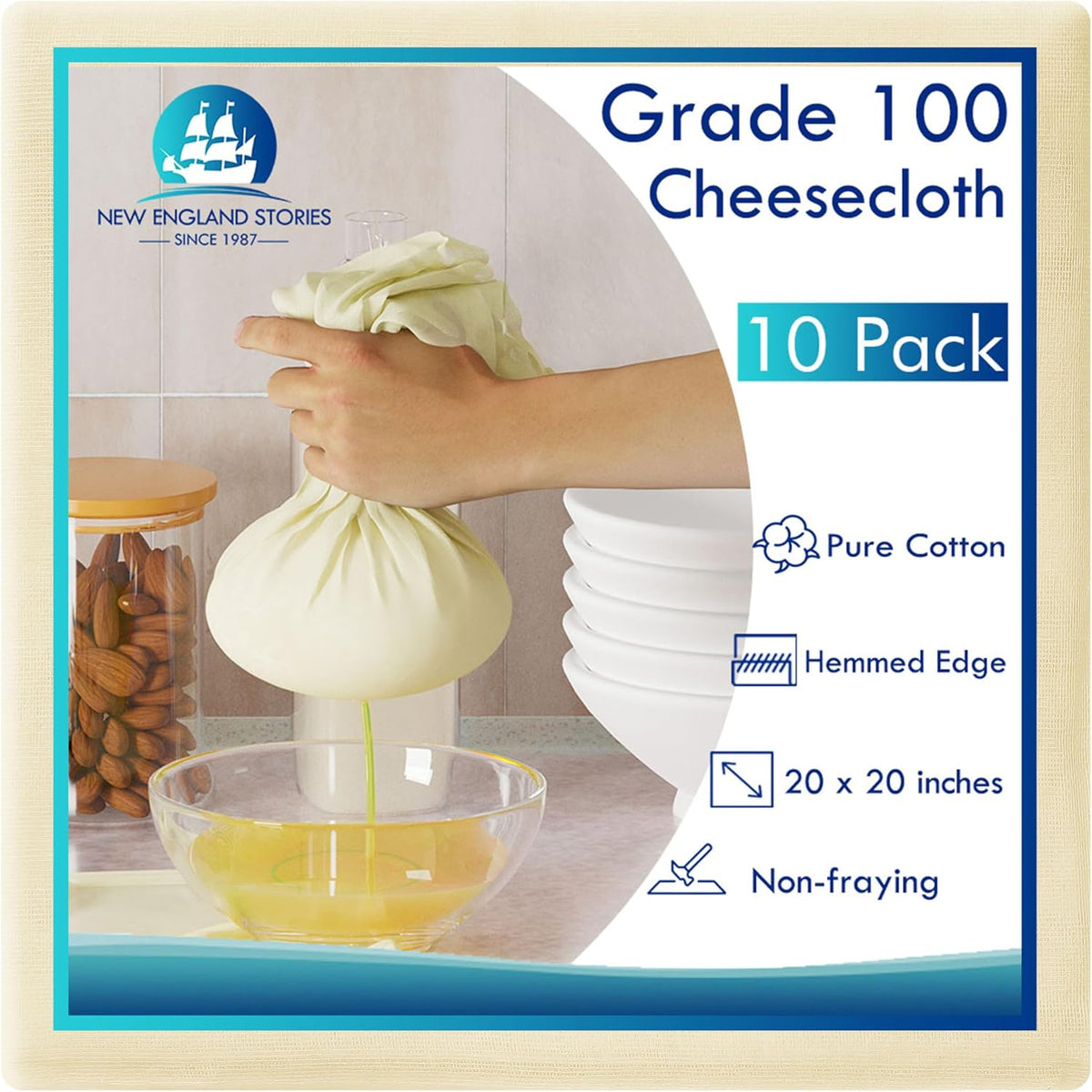 Reusable Cheesecloth, Grade 100, 20x20 Inch Hemmed Cheese Cloth for Straining Craft, 100% Cotton Unbleached Cloth Strainer for Cooking, Baking, Juicing, Cheese Making