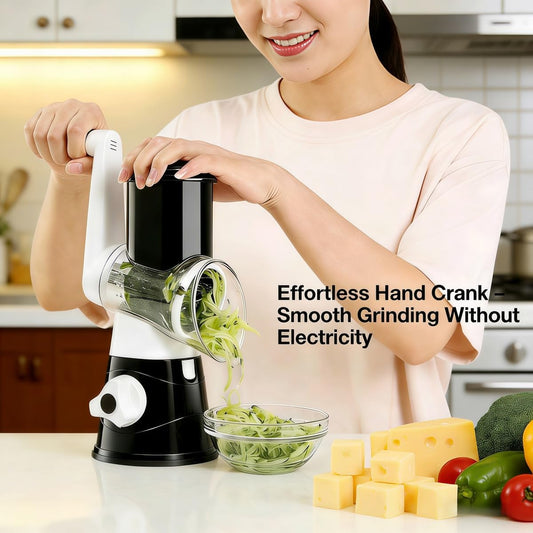3-in-1 Rotary Cheese Grater, Hand Crank Shredder with 3 Interchangeable Blades for Cheese, Veggies, Nuts, Black