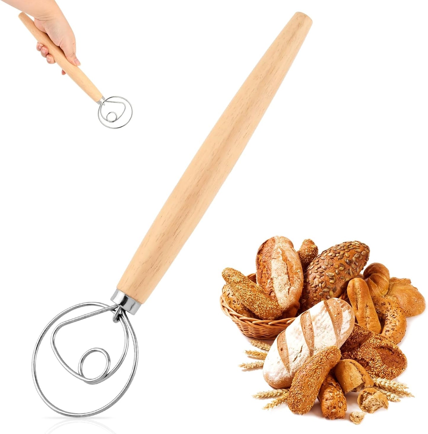 Danish Dough Whisk, 13 inch Sourdough Whisk Stainless Steel Bread Dough Mixer with Smooth Wooden Handle, Sourdough Stirring Stick Bread Making Tool(SIZE:Double Eye)