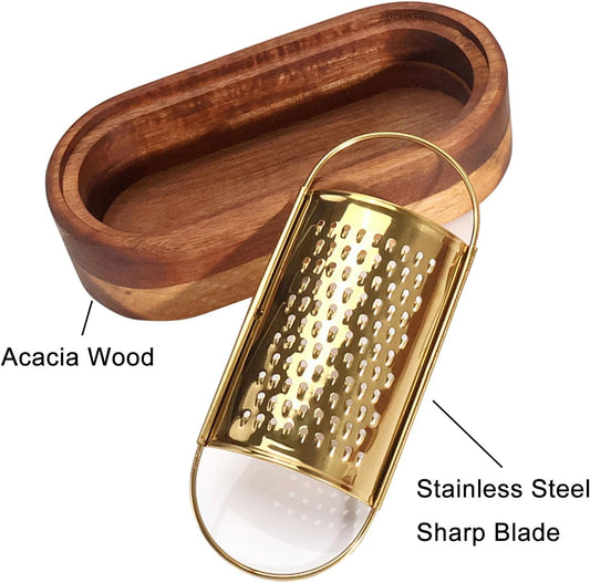 Box Cheese Grater With Container Stainless Steel Parmesan Cheese Grater With Wood Handle Shredder Zester Grater Box Kitchen Handheld Cheese Spoon Grater-Gold Colour (Without Handle)