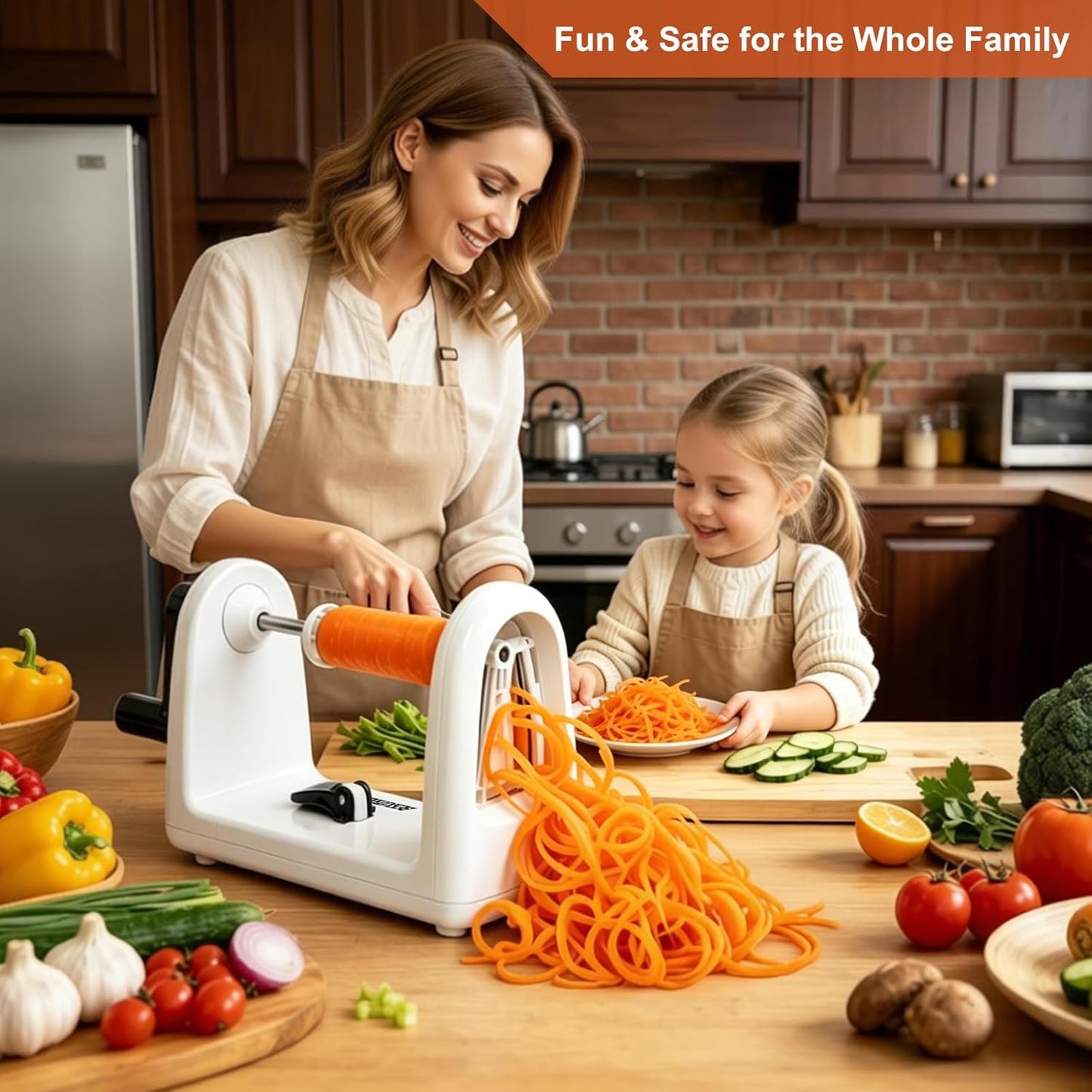 2-in-1 Manual Veggie Spiralizer, Stainless Steel Zoodle Slicer Shredder | 4 stainless steel blades with storage caddy, BPA-free plastic, non-slip base, hand crank for easy low-carb vegetable prep