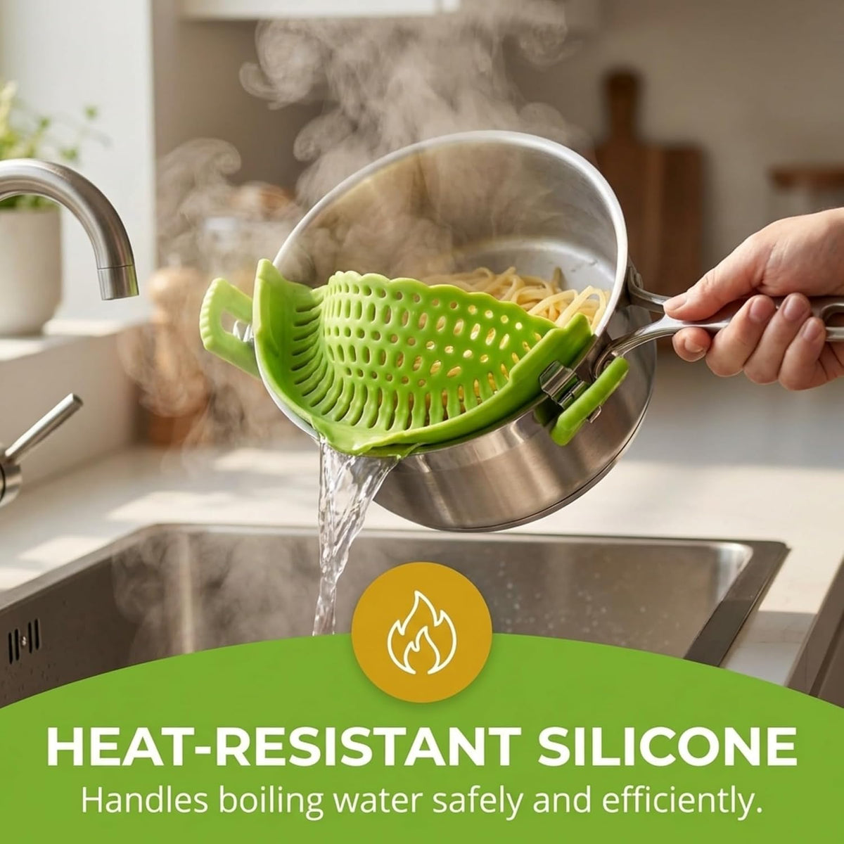 Performore Compact Universal Silicone Snap-On Pot Strainer | Heat-Resistant Clip-On Food Colander | BPA-Free Pasta, Vegetable & Soup Drainer | Dishwasher Safe Kitchen Tool